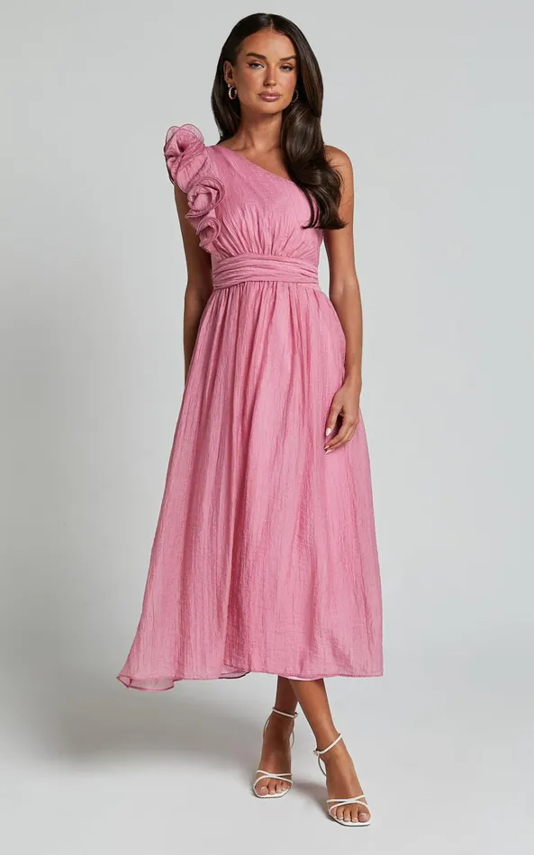 Showpo Dorothy Midi Dress 8211 One Shoulder Frill Detail Fit And Flare Dress In Pink Women Dresses