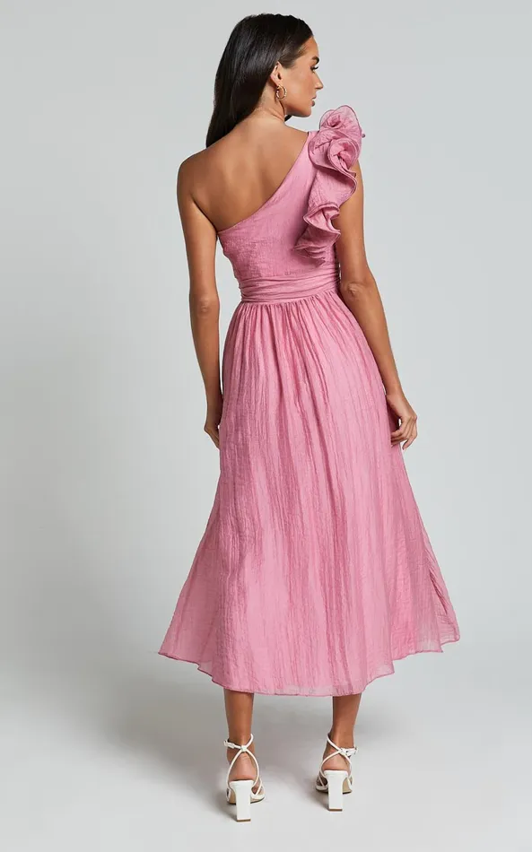 Showpo Dorothy Midi Dress 8211 One Shoulder Frill Detail Fit And Flare Dress In Pink Women Dresses