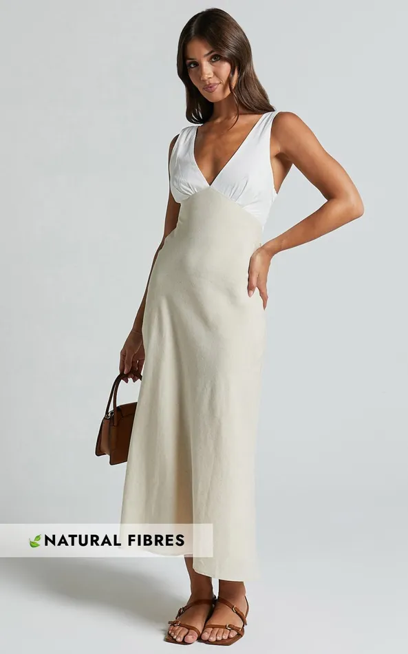 Showpo Dovie Midi Dress 8211 Linen Look V Neck Low Back Cut Out Flare Dress In Beige And White Women Dresses Showpo Dovie Midi Dress 8211 Linen Look V Neck Low Back Cut Out Flare Dress In Beige And White Women Dresses