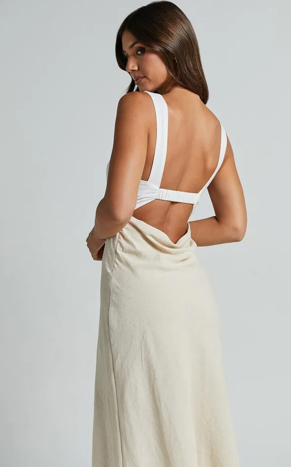 Showpo Dovie Midi Dress 8211 Linen Look V Neck Low Back Cut Out Flare Dress In Beige And White Women Dresses