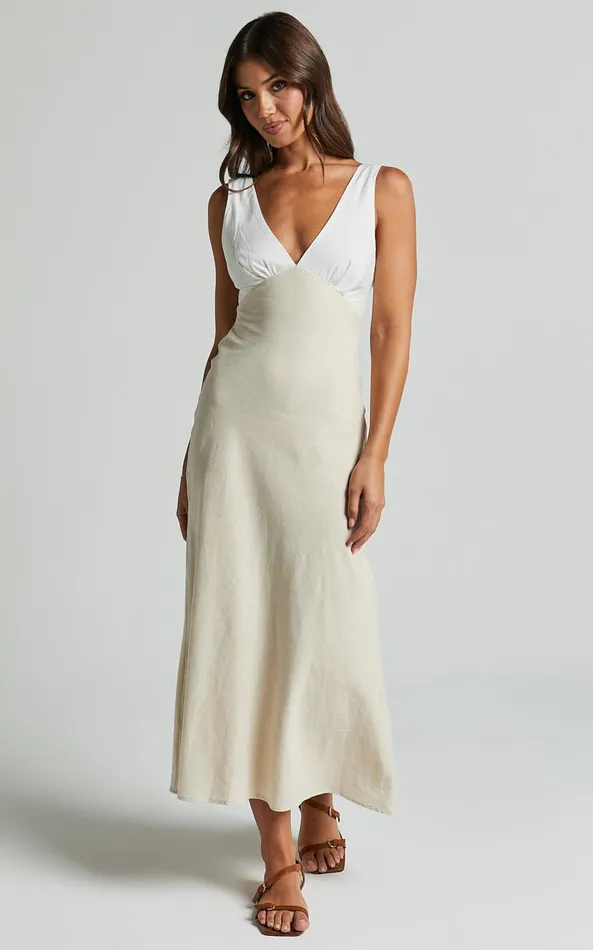Showpo Dovie Midi Dress 8211 Linen Look V Neck Low Back Cut Out Flare Dress In Beige And White Women Dresses