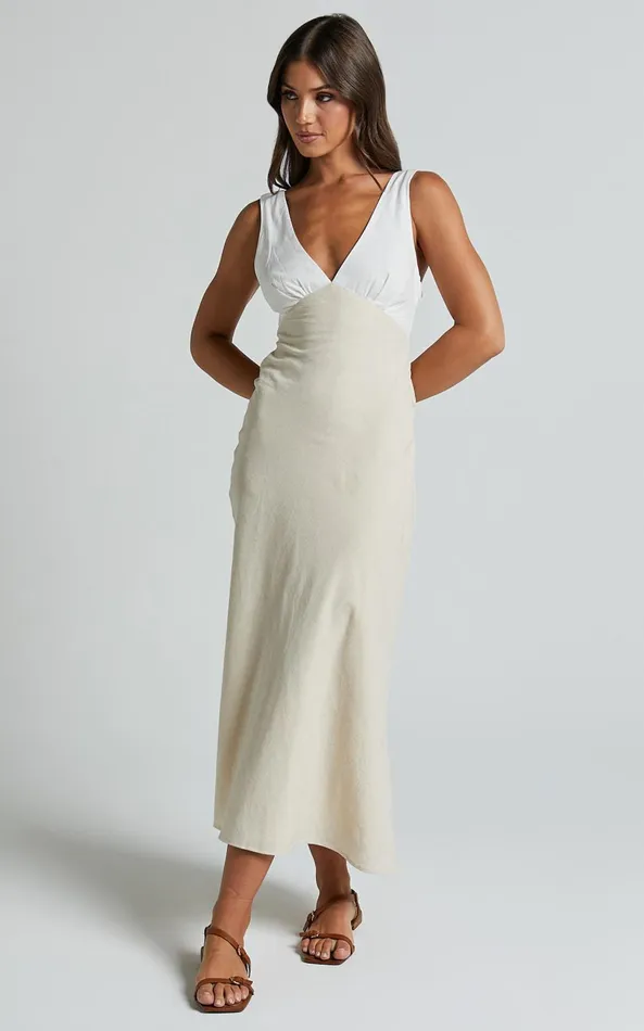 Showpo Dovie Midi Dress 8211 Linen Look V Neck Low Back Cut Out Flare Dress In Beige And White Women Dresses