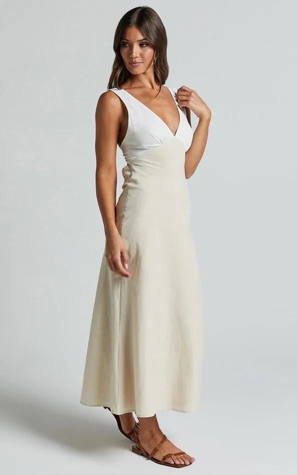 Showpo Dovie Midi Dress 8211 Linen Look V Neck Low Back Cut Out Flare Dress In Beige And White Women Dresses