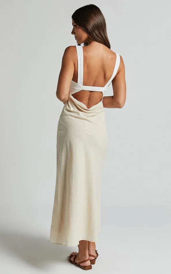 Showpo Dovie Midi Dress 8211 Linen Look V Neck Low Back Cut Out Flare Dress In Beige And White Women Dresses