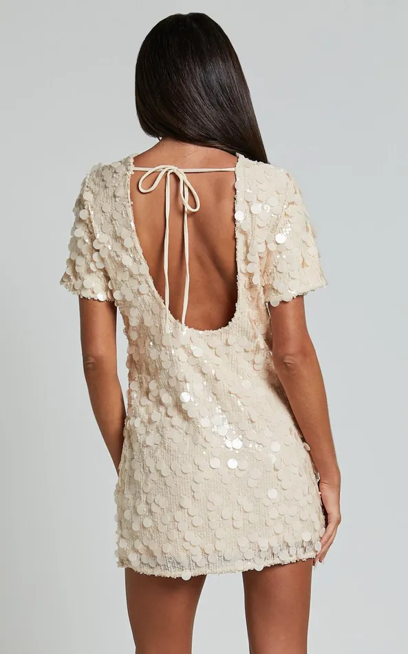 Showpo Drea Mini Dress 8211 Short Sleeve Low Back Sequin Dress In Cream Women Dresses