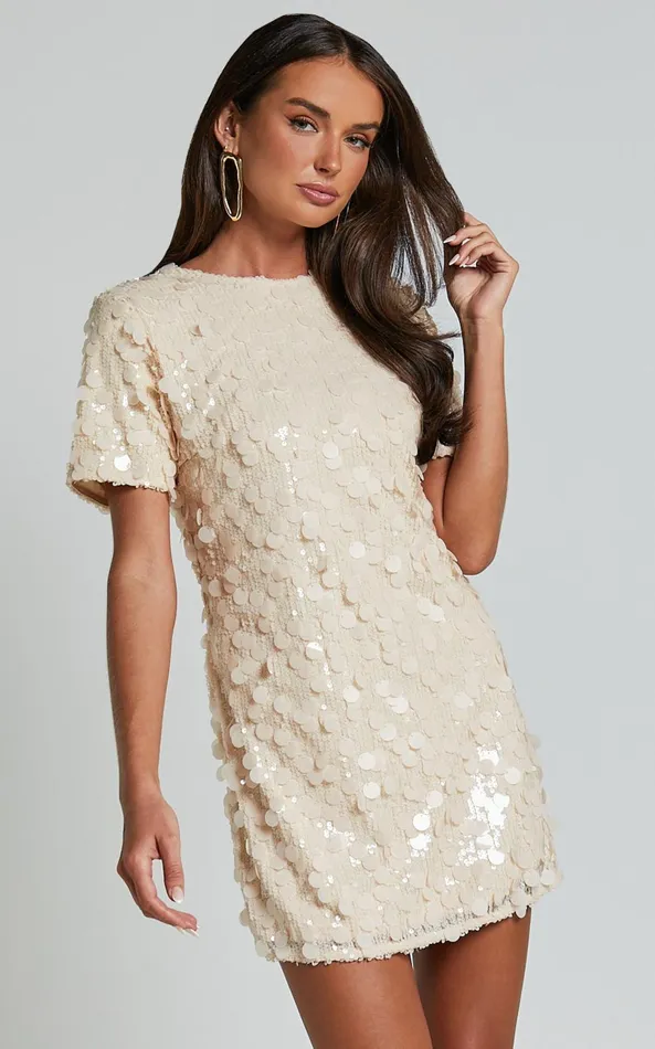 Showpo Drea Mini Dress 8211 Short Sleeve Low Back Sequin Dress In Cream Women Dresses