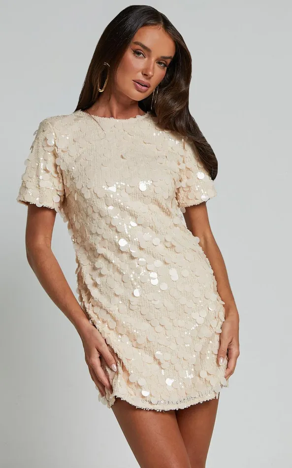 Showpo Drea Mini Dress 8211 Short Sleeve Low Back Sequin Dress In Cream Women Dresses