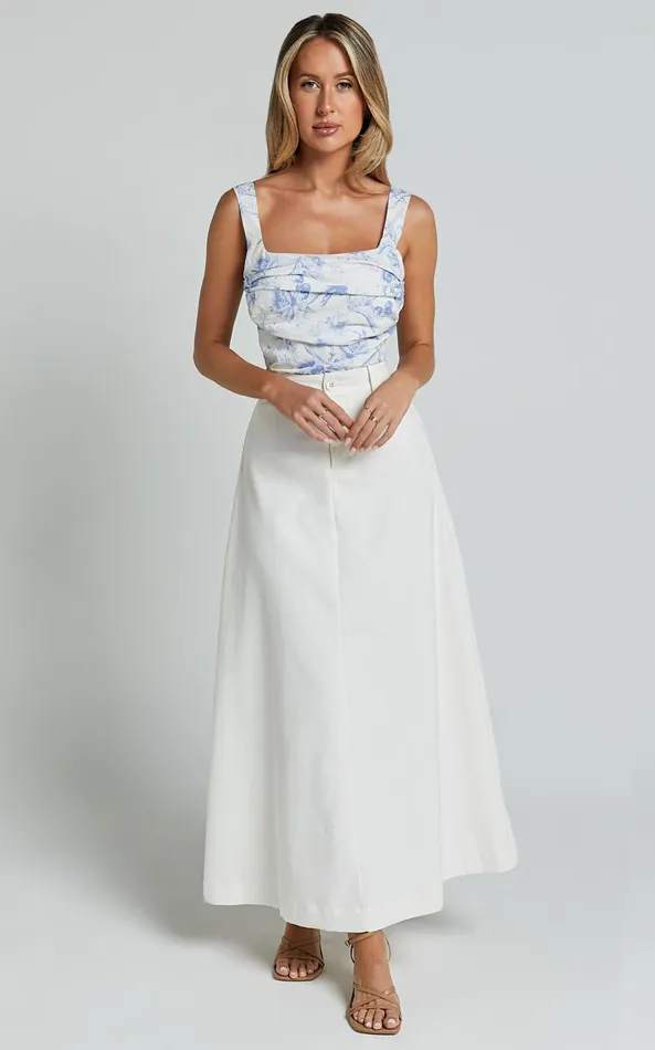 Showpo Dresden Top 8211 Square Neck Ruched Bodice Corset Top In White And Blue Floral Women Tops