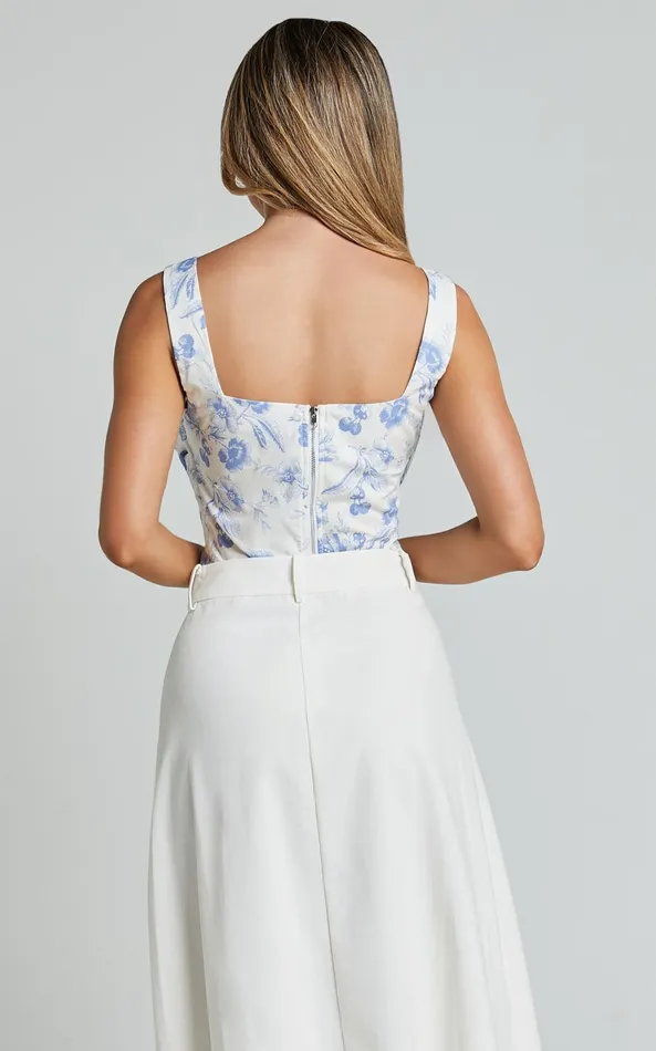 Showpo Dresden Top 8211 Square Neck Ruched Bodice Corset Top In White And Blue Floral Women Tops