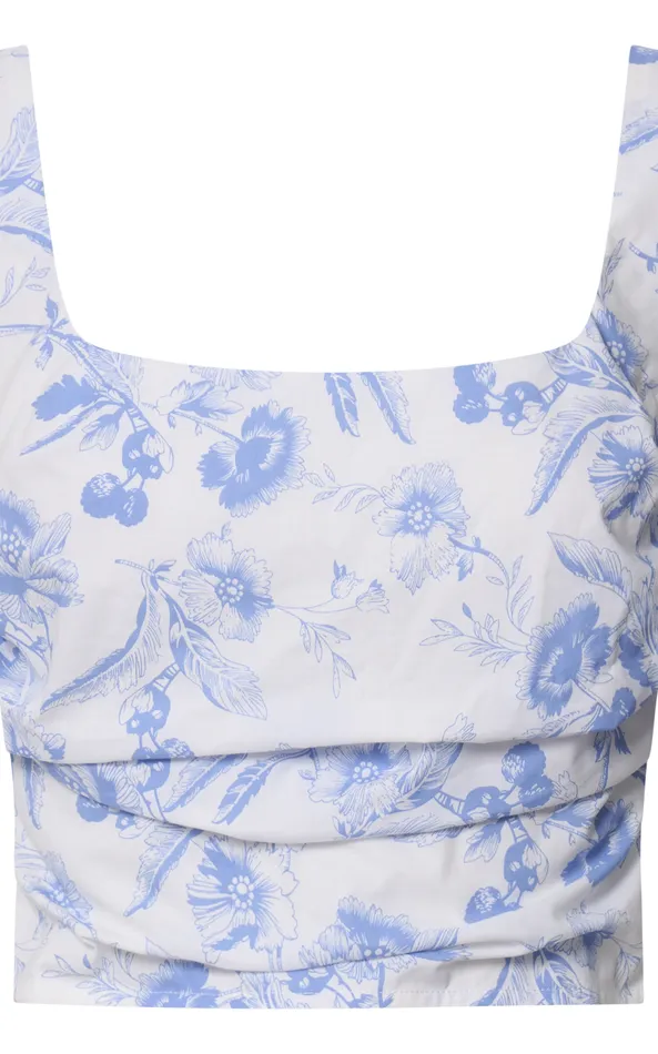 Showpo Dresden Top 8211 Square Neck Ruched Bodice Corset Top In White And Blue Floral Women Tops