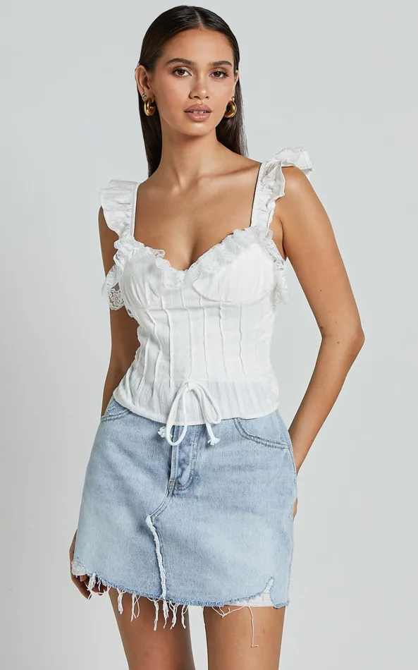Showpo Drew Top 8211 Textured Lace Frill Detail Top In White Women Tops