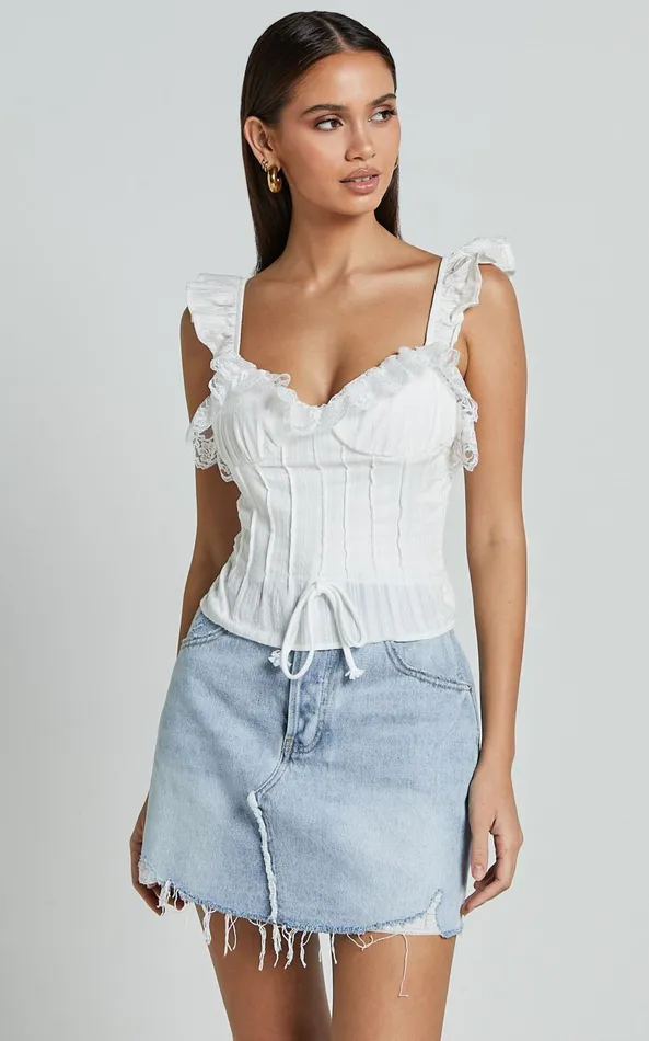 Showpo Drew Top 8211 Textured Lace Frill Detail Top In White Women Tops