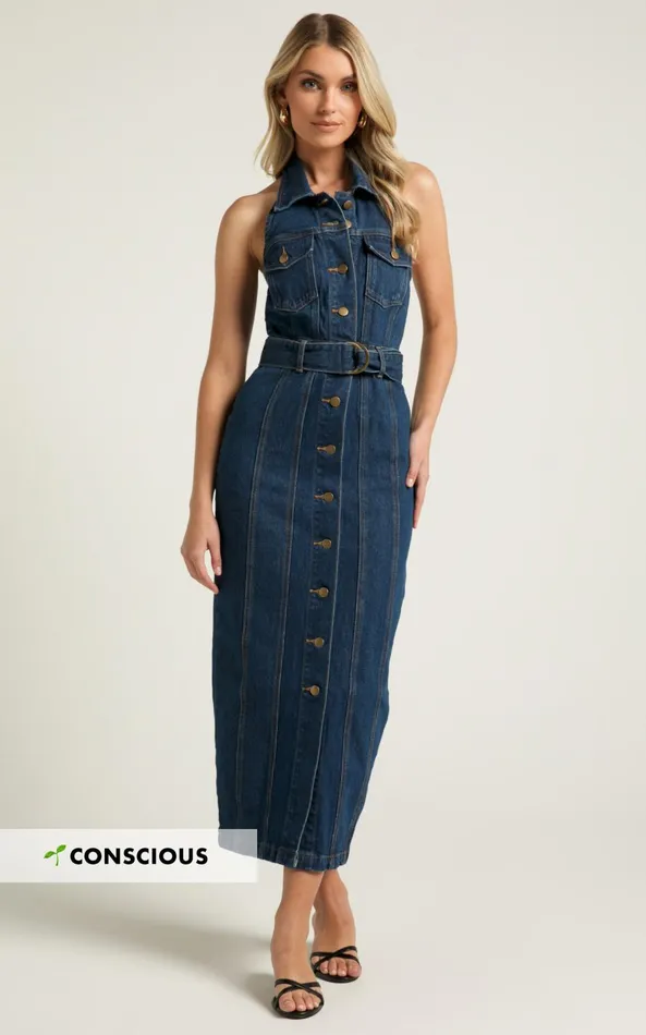 Showpo Dubai Denim Midi Dress 8211 Sleeveless Collared Halter Neck In Dark Wash Women Dresses Showpo Dubai Denim Midi Dress 8211 Sleeveless Collared Halter Neck In Dark Wash Women Dresses