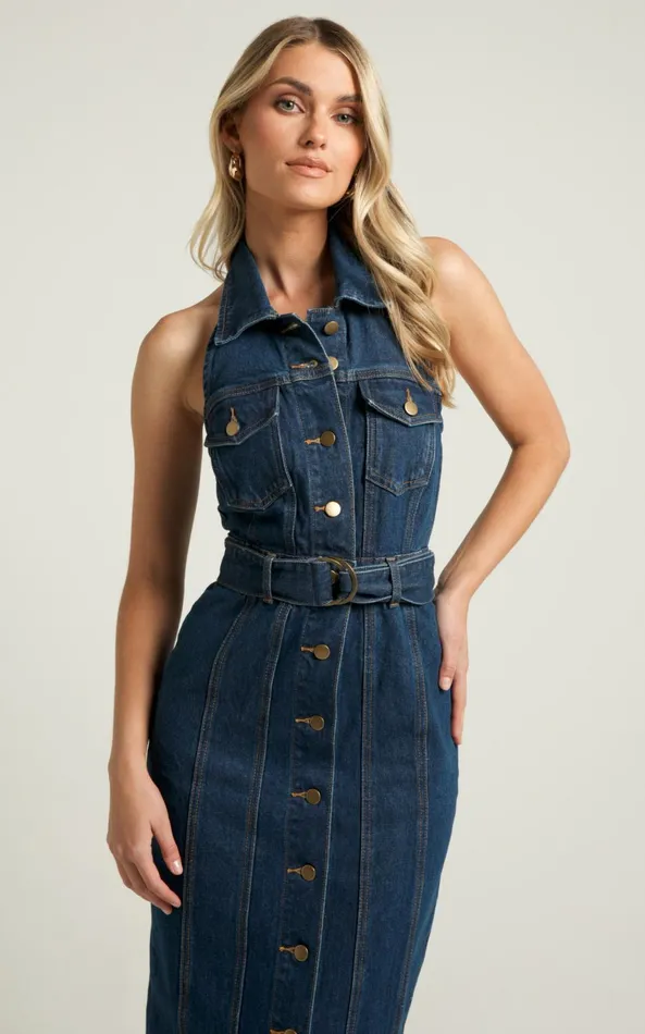 Showpo Dubai Denim Midi Dress 8211 Sleeveless Collared Halter Neck In Dark Wash Women Dresses