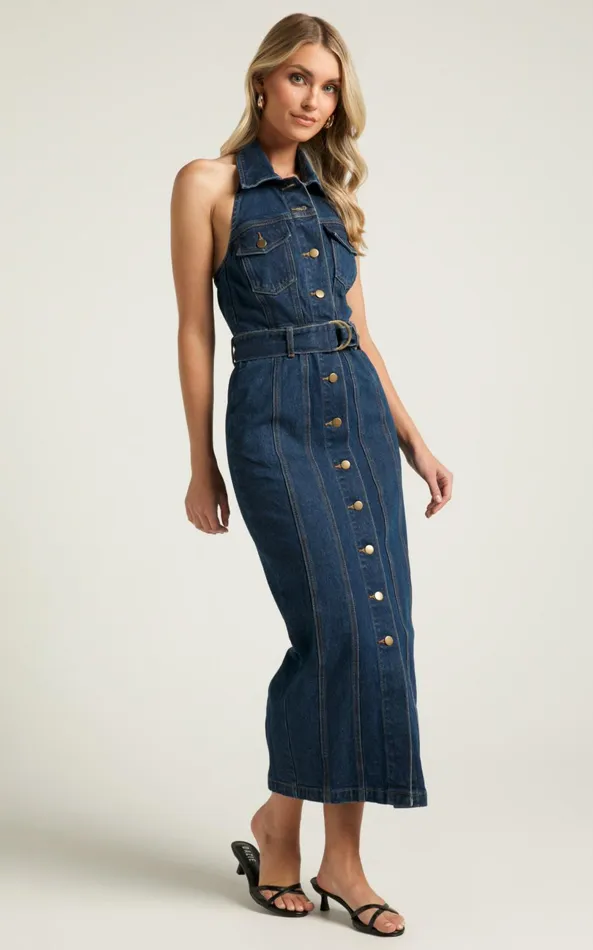 Showpo Dubai Denim Midi Dress 8211 Sleeveless Collared Halter Neck In Dark Wash Women Dresses
