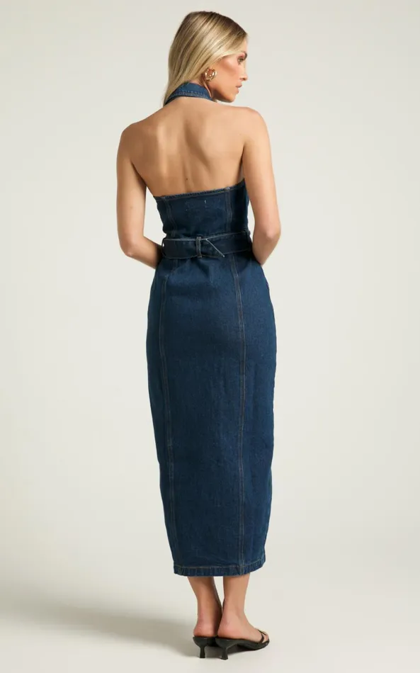 Showpo Dubai Denim Midi Dress 8211 Sleeveless Collared Halter Neck In Dark Wash Women Dresses