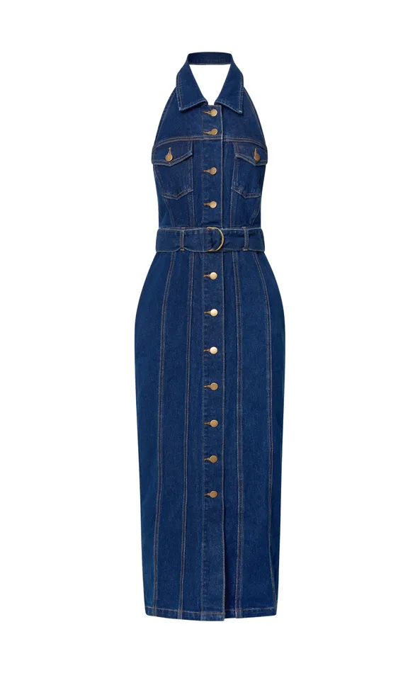 Showpo Dubai Denim Midi Dress 8211 Sleeveless Collared Halter Neck In Dark Wash Women Dresses