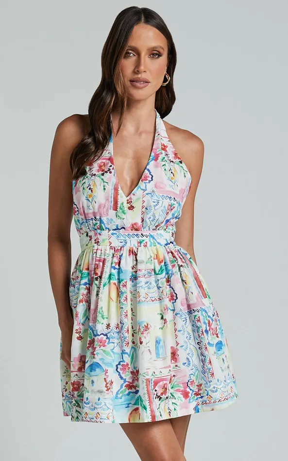 Showpo Duncan Mini Dress 8211 Halter Neck Empire Waist Dress In Vacay Print Women Dresses