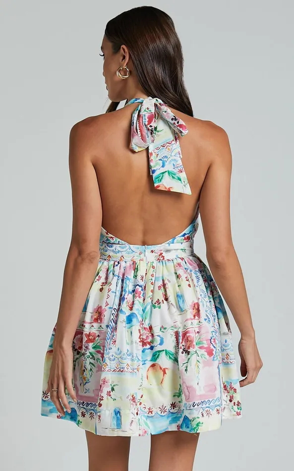 Showpo Duncan Mini Dress 8211 Halter Neck Empire Waist Dress In Vacay Print Women Dresses