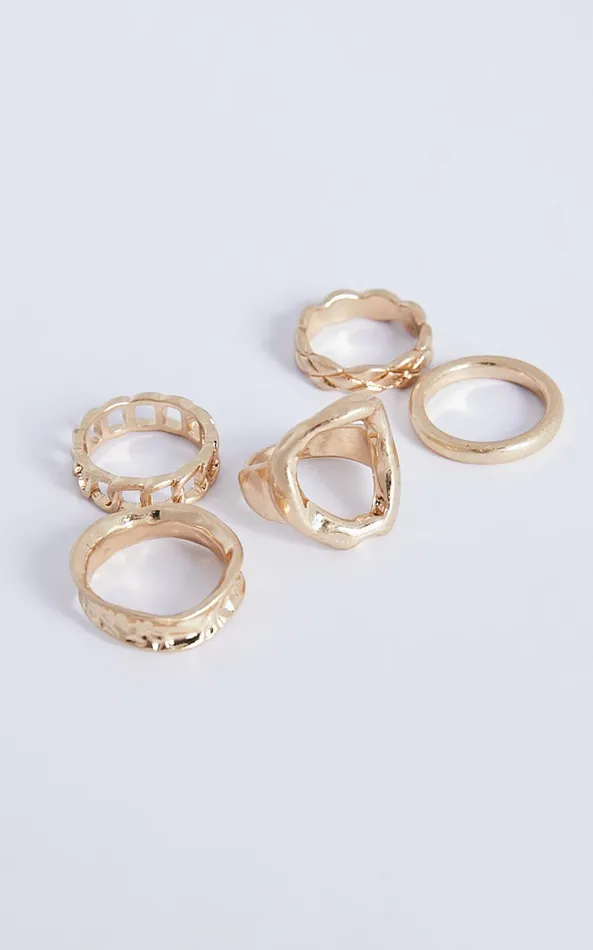 Showpo Dylan 5 Ring Pack 8211 Irregular Shape Detail 5x Ring Pack In Gold Women Rings