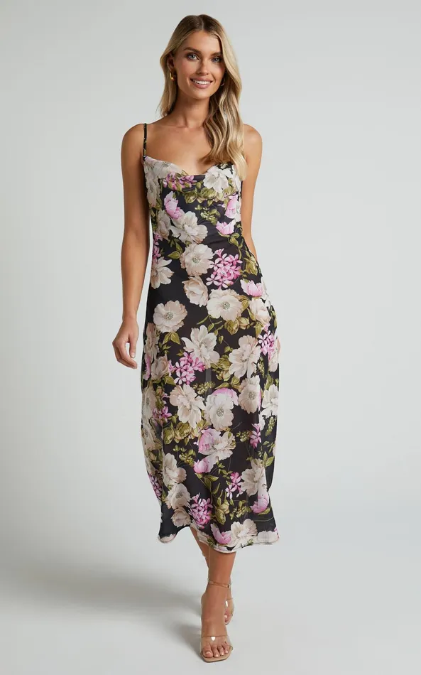 Showpo Dylan Midi Dress 8211 Cowl Neck Dress In Midnight Floral Women Dresses