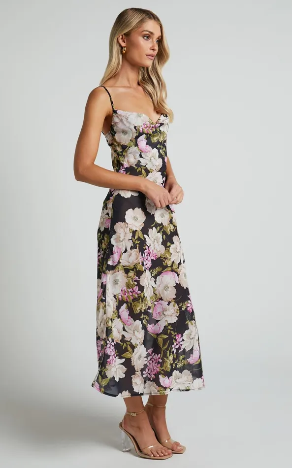 Showpo Dylan Midi Dress 8211 Cowl Neck Dress In Midnight Floral Women Dresses
