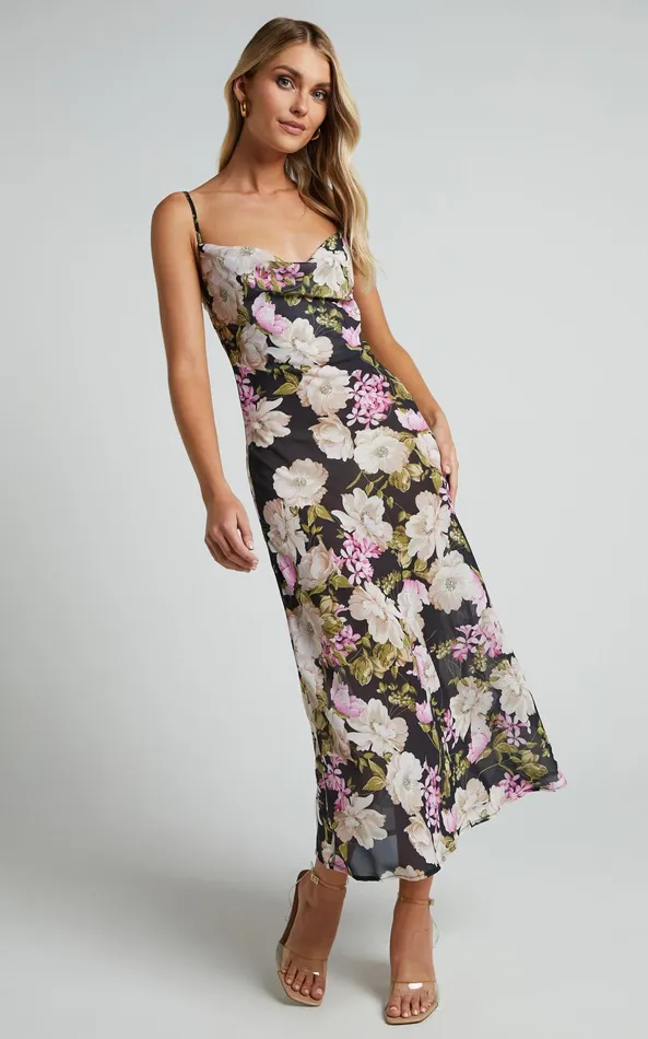 Showpo Dylan Midi Dress 8211 Cowl Neck Dress In Midnight Floral Women Dresses
