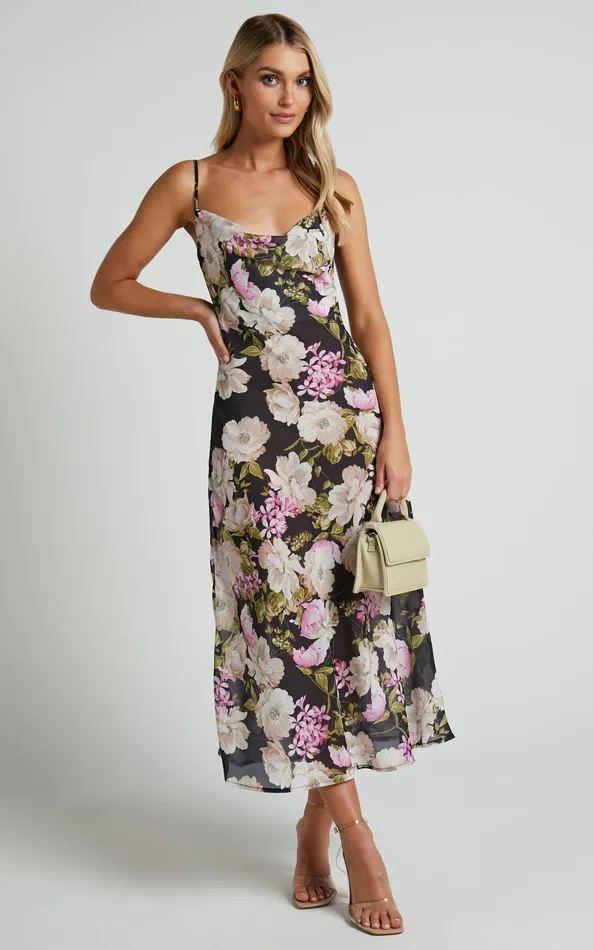 Showpo Dylan Midi Dress 8211 Cowl Neck Dress In Midnight Floral Women Dresses
