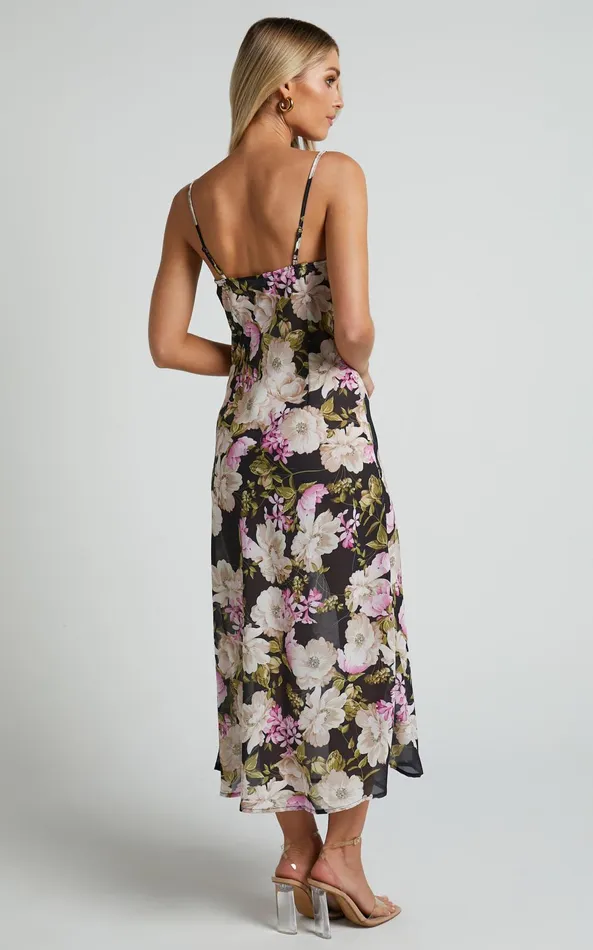 Showpo Dylan Midi Dress 8211 Cowl Neck Dress In Midnight Floral Women Dresses