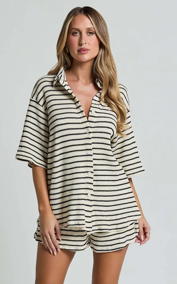 Showpo Dylan Two Piece Set 8211 Striped Waffle Shirt And Short Set In Black and Cream Stripe Women Two Piece Sets and Coords Showpo Dylan Two Piece Set 8211 Striped Waffle Shirt And Short Set In Black and Cream Stripe Women Two Piece Sets and Coords