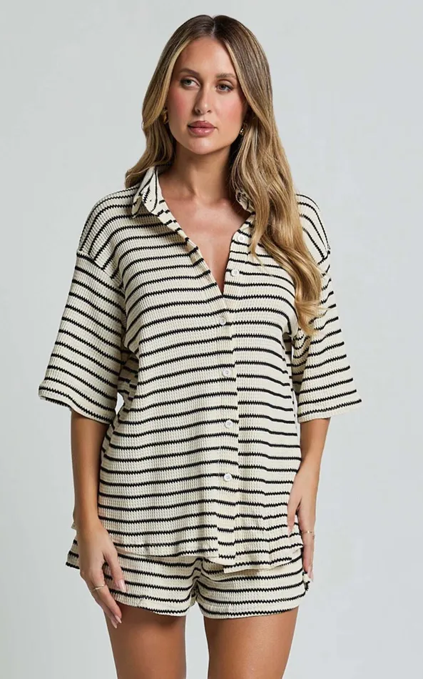 Showpo Dylan Two Piece Set 8211 Striped Waffle Shirt And Short Set In Black and Cream Stripe Women Two Piece Sets and Coords