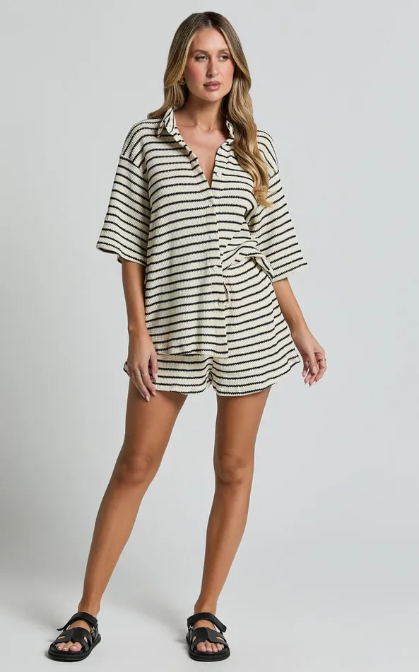 Showpo Dylan Two Piece Set 8211 Striped Waffle Shirt And Short Set In Black and Cream Stripe Women Two Piece Sets and Coords
