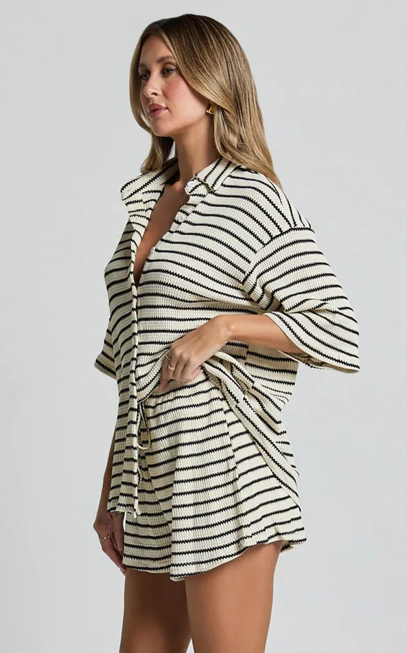 Showpo Dylan Two Piece Set 8211 Striped Waffle Shirt And Short Set In Black and Cream Stripe Women Two Piece Sets and Coords