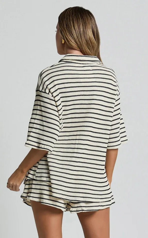 Showpo Dylan Two Piece Set 8211 Striped Waffle Shirt And Short Set In Black and Cream Stripe Women Two Piece Sets and Coords