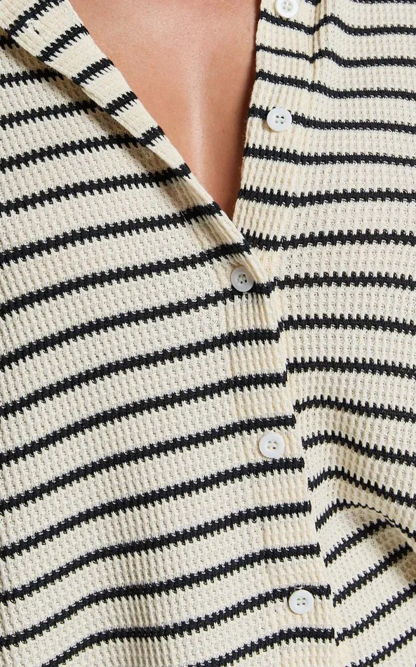 Showpo Dylan Two Piece Set 8211 Striped Waffle Shirt And Short Set In Black and Cream Stripe Women Two Piece Sets and Coords