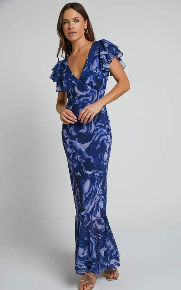Showpo Dylana Midi Dress 8211 V Neck Flutter Sleeve Dress In Navy Swirl Women Dresses Showpo Dylana Midi Dress 8211 V Neck Flutter Sleeve Dress In Navy Swirl Women Dresses
