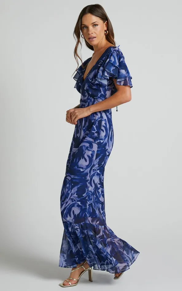 Showpo Dylana Midi Dress 8211 V Neck Flutter Sleeve Dress In Navy Swirl Women Dresses