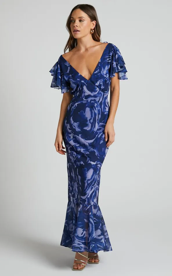 Showpo Dylana Midi Dress 8211 V Neck Flutter Sleeve Dress In Navy Swirl Women Dresses