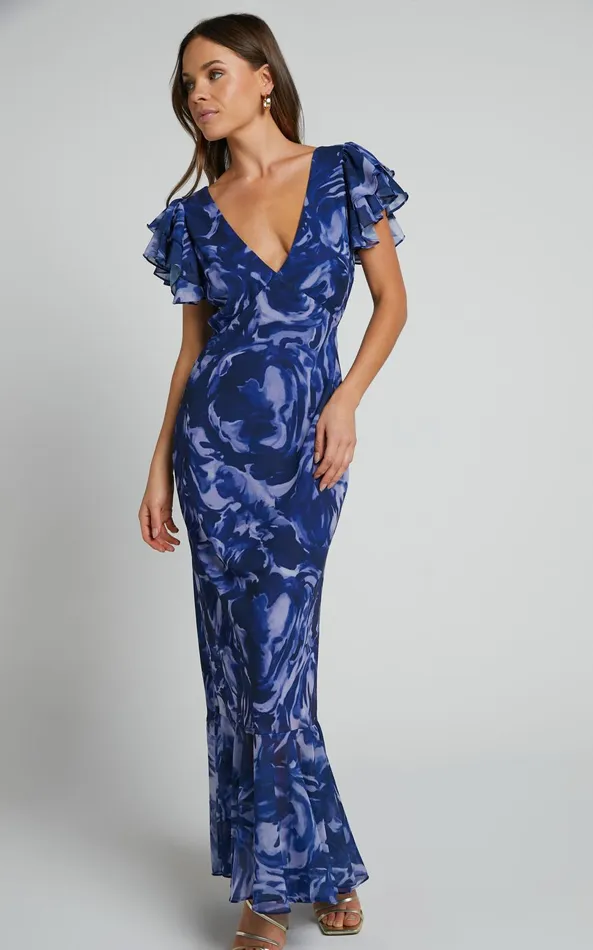 Showpo Dylana Midi Dress 8211 V Neck Flutter Sleeve Dress In Navy Swirl Women Dresses