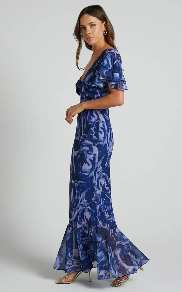Showpo Dylana Midi Dress 8211 V Neck Flutter Sleeve Dress In Navy Swirl Women Dresses