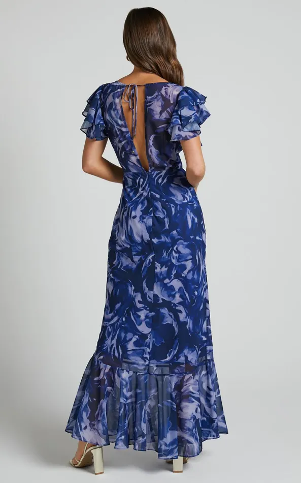 Showpo Dylana Midi Dress 8211 V Neck Flutter Sleeve Dress In Navy Swirl Women Dresses