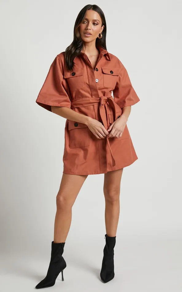 Showpo Dynalyn Mini Dress 8211 Wide Sleeve Utility Dress In Terricotta Women Curve Clothes