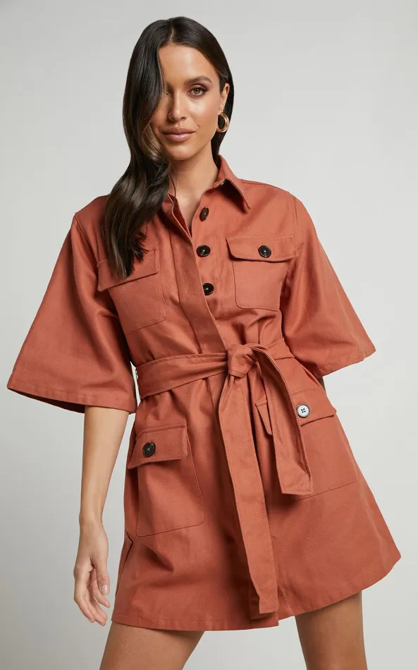Showpo Dynalyn Mini Dress 8211 Wide Sleeve Utility Dress In Terricotta Women Curve Clothes