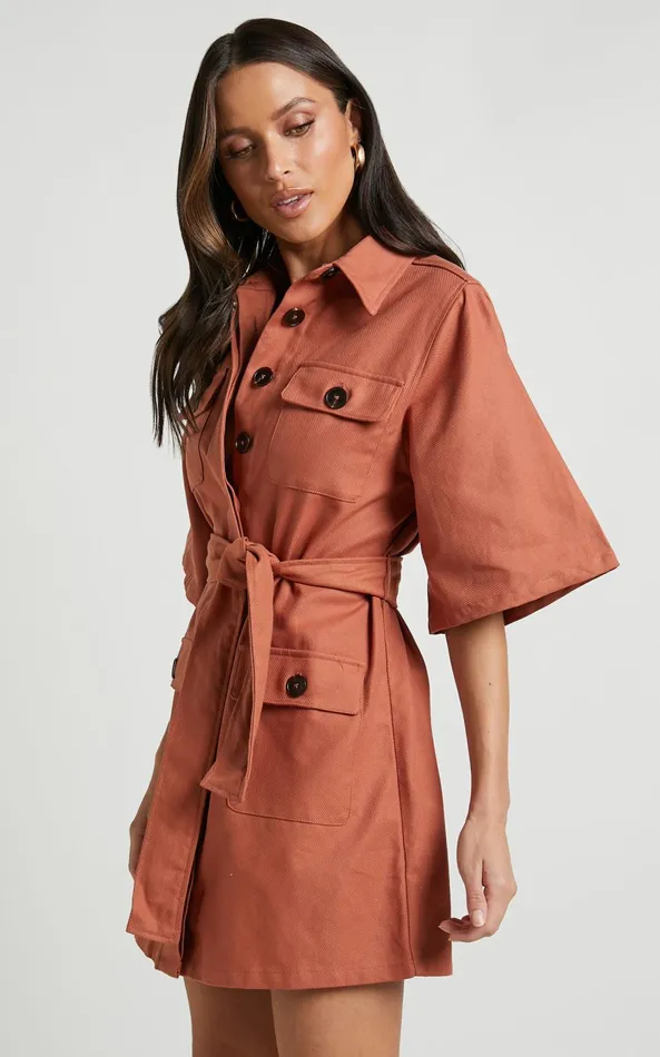 Showpo Dynalyn Mini Dress 8211 Wide Sleeve Utility Dress In Terricotta Women Curve Clothes