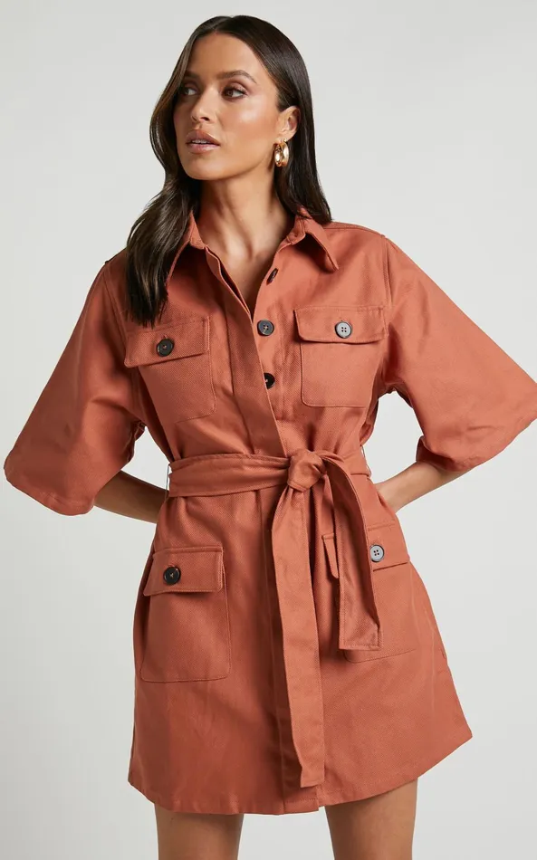 Showpo Dynalyn Mini Dress 8211 Wide Sleeve Utility Dress In Terricotta Women Curve Clothes