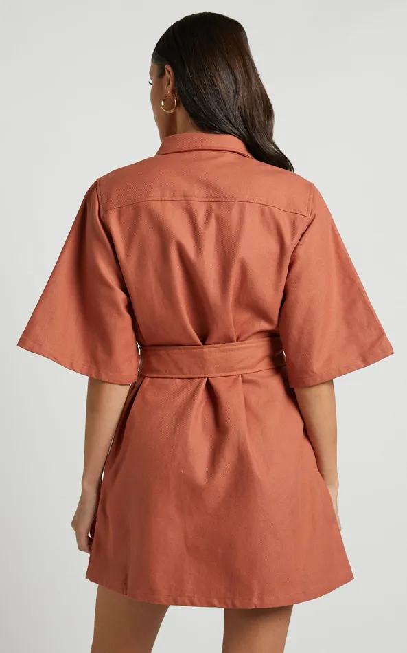 Showpo Dynalyn Mini Dress 8211 Wide Sleeve Utility Dress In Terricotta Women Curve Clothes