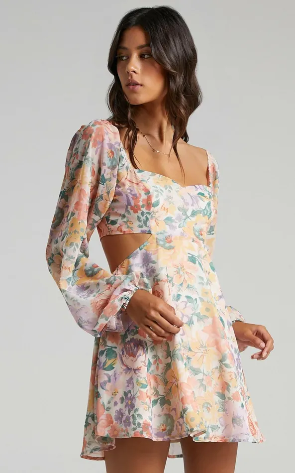 Showpo Ebonee Long Puff Sleeve Mini Dress In Flower Crown Women Curve Clothes