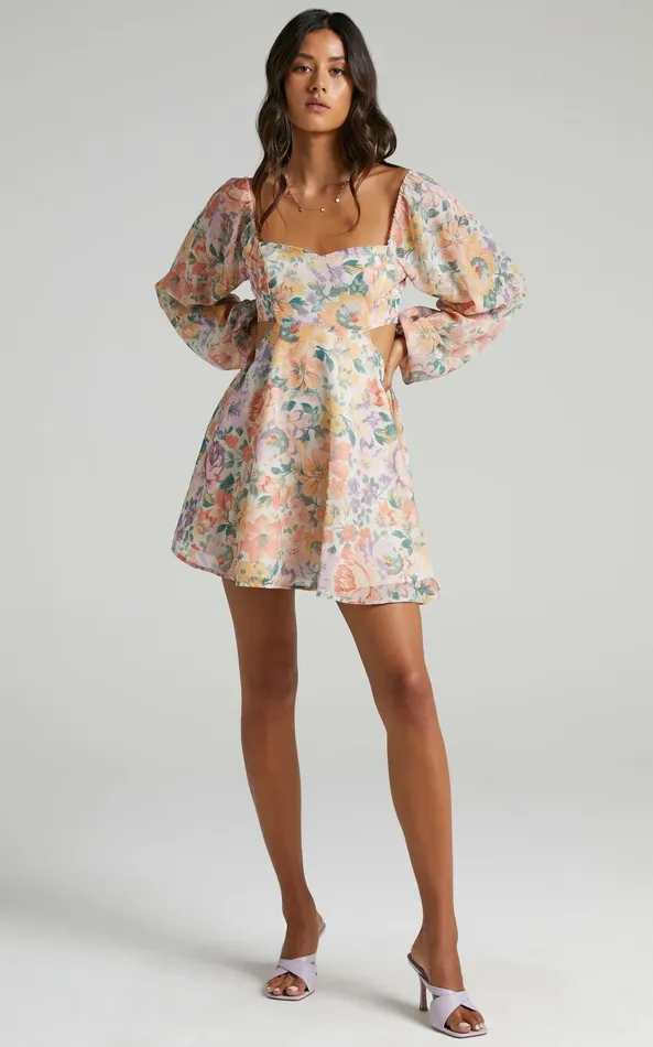 Showpo Ebonee Long Puff Sleeve Mini Dress In Flower Crown Women Curve Clothes