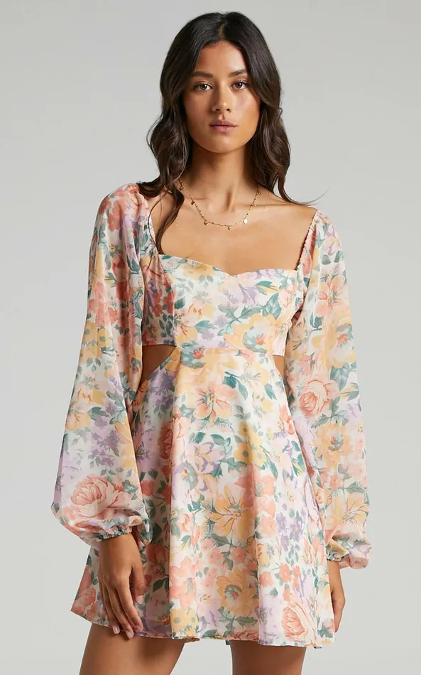 Showpo Ebonee Long Puff Sleeve Mini Dress In Flower Crown Women Curve Clothes