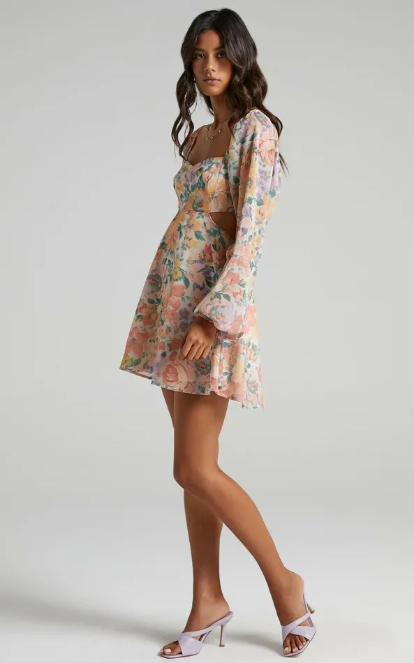 Showpo Ebonee Long Puff Sleeve Mini Dress In Flower Crown Women Curve Clothes